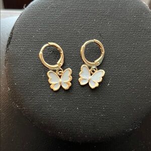 Gold and Light Blue Butterfly Hoop Earrings